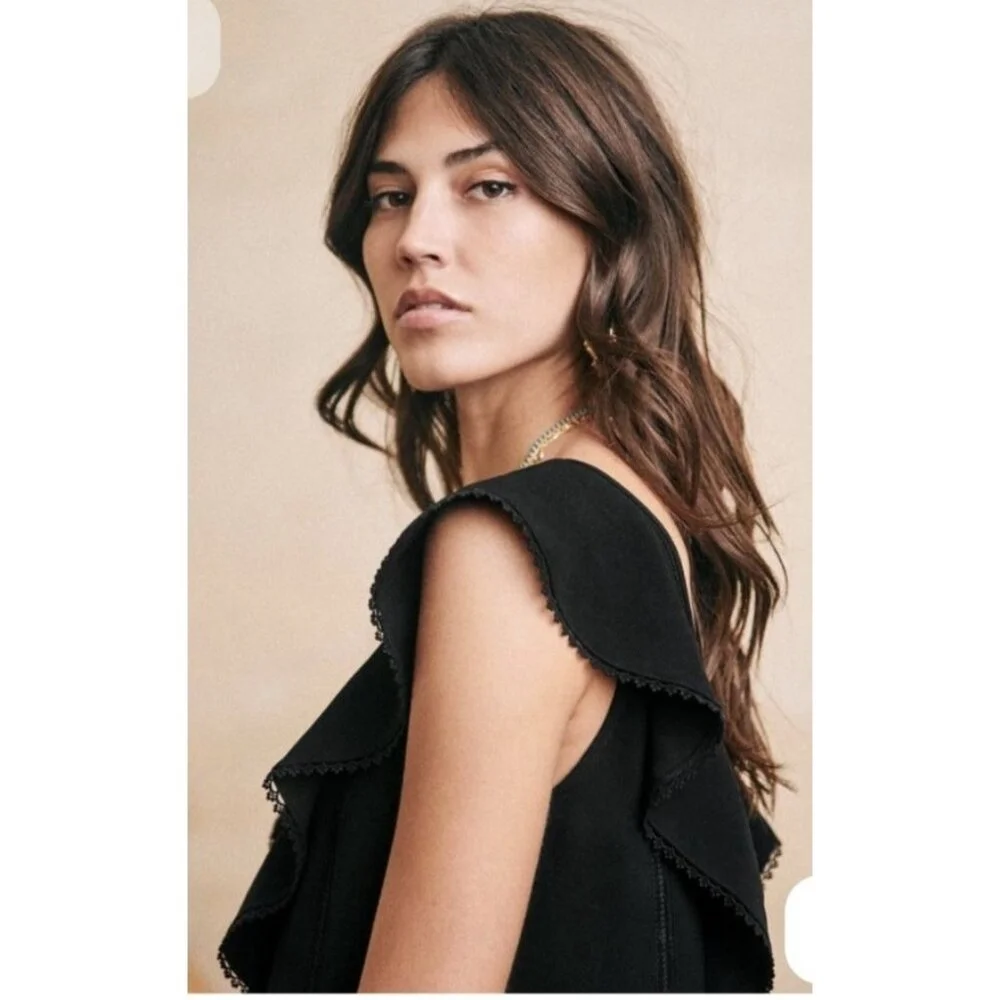Sézane Black Sleeveless Ruffle V-Neck Dress Size 40 / M Elegant Parisian Style - Picture 6 of 10